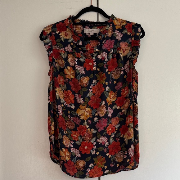 LOFT Sleeveless Floral Blouse - Navy with Rust & Orange - Size Small - Picture 1 of 5